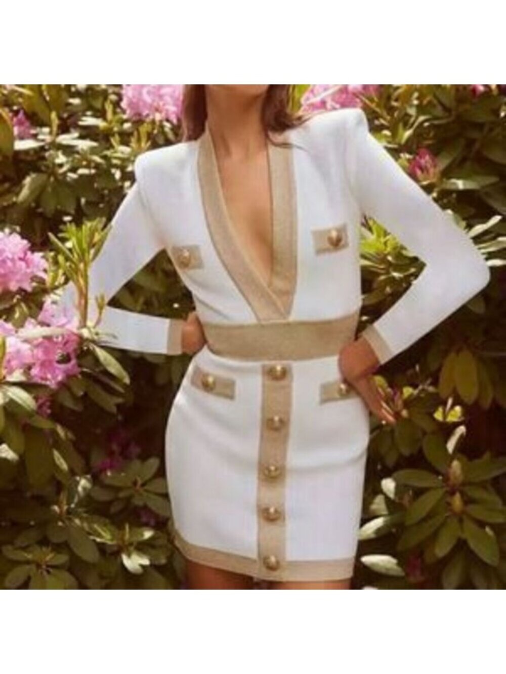 Womens White & Gold Deep V-Neck Bandage Dress | Long Sleeve | Size S | NWT